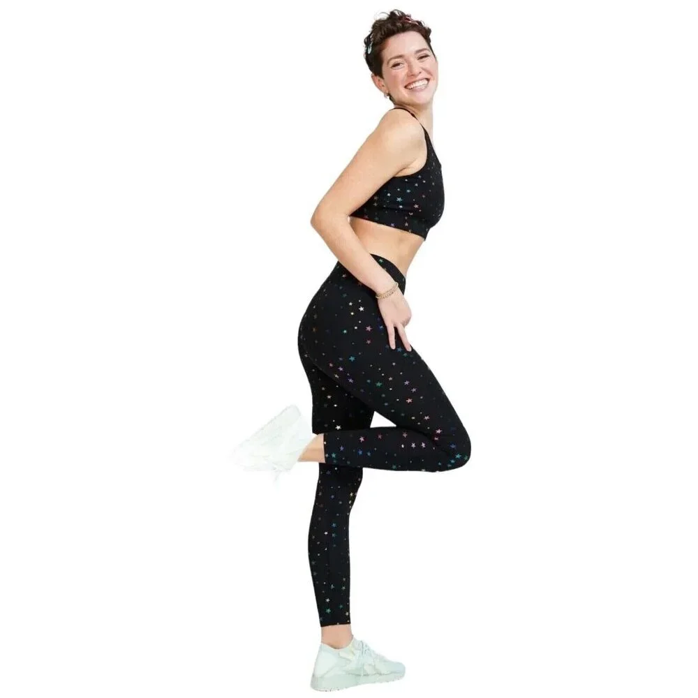Terez Womens Plus Size 2X Black Mini Star Foil Print Wide Waistband Leggings NEW